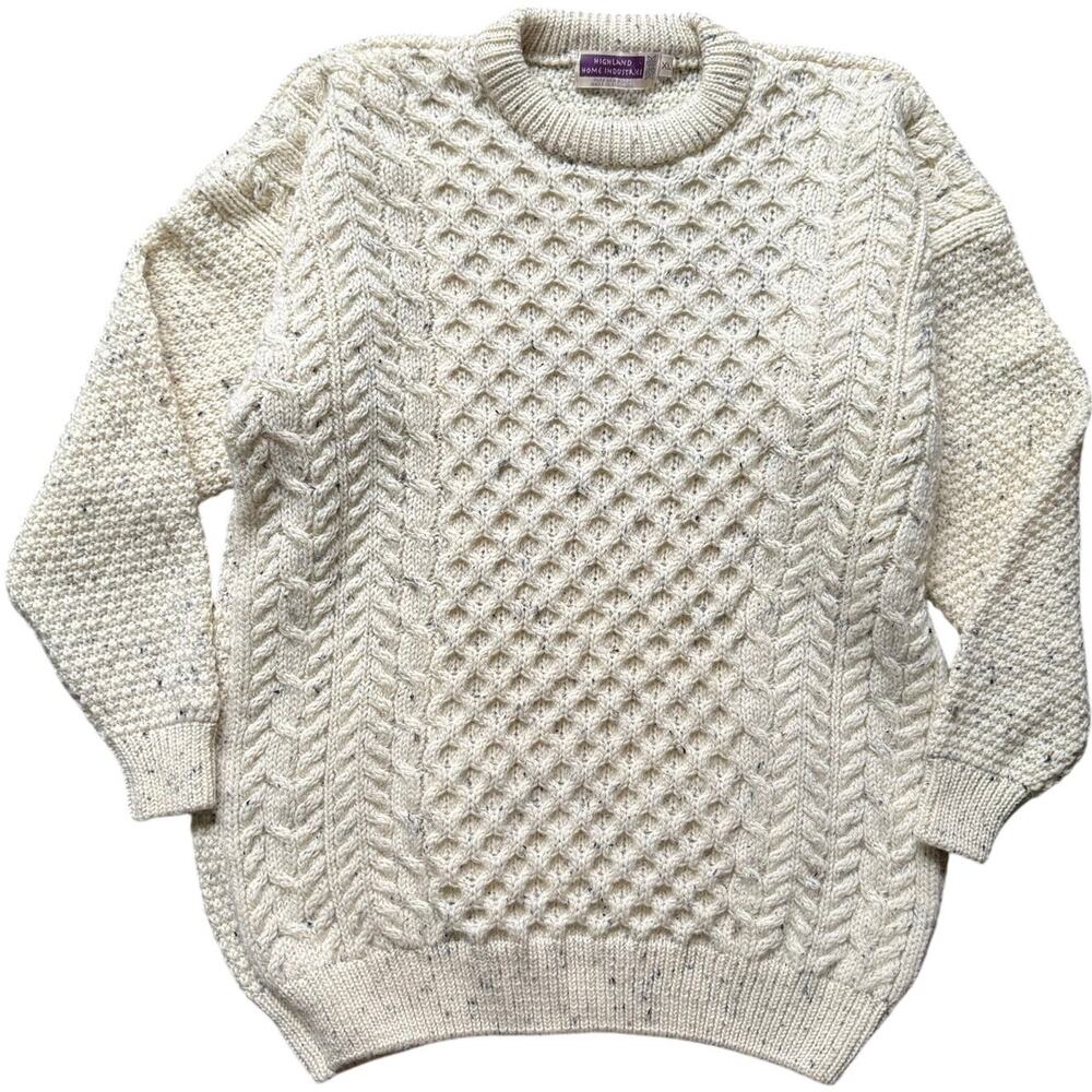 Highland Home Industries Wool Sweater Cream Cable Knit XL Scotland